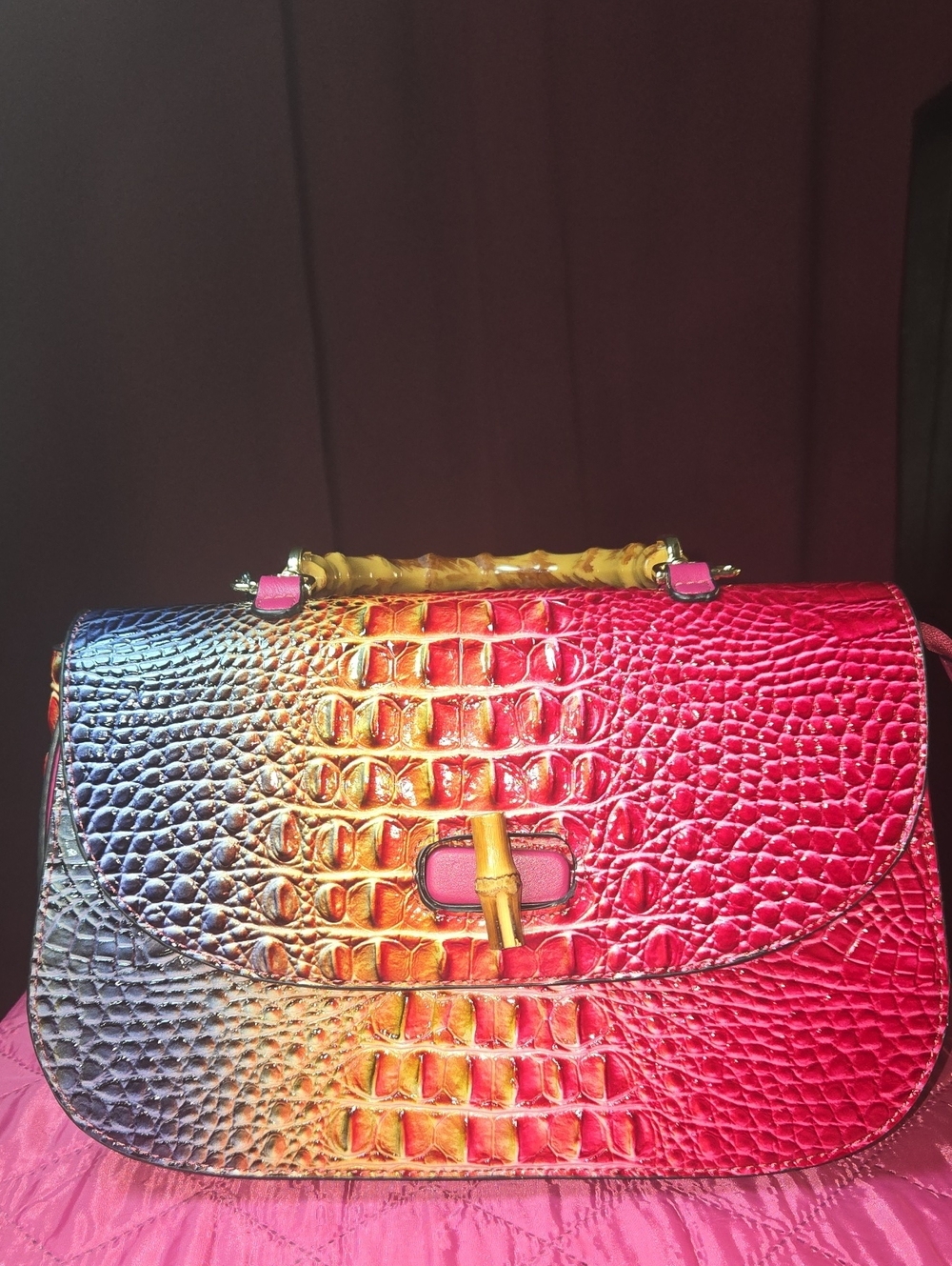Premium Gradient Croc-Embossed Women’s Handbag in Pink, Yellow & Blue